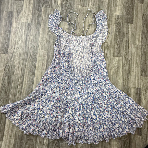 Angie Boho Floral Ruffle Dress Blue White Pink Tiered Rayon Smocked L Sleeveless - Picture 1 of 5